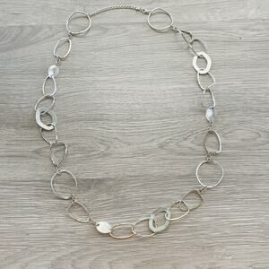Modern Silver Tone Open Link Long Statement Necklace 32” Geometric Lightweight
